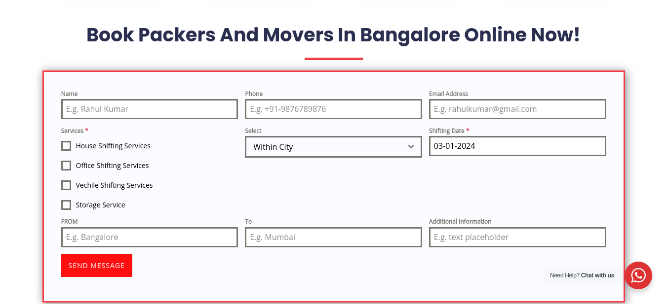 On Road Packers Movers Website Form